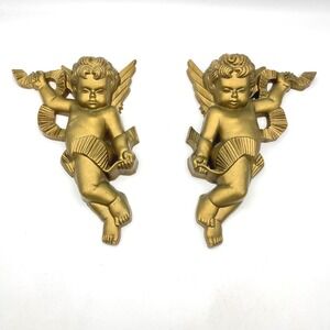 Vintage Burwood Products Gold Cherub Wall Plaques Pair Angels MCM 1970s